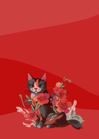 cat and flowers on red & beige JP