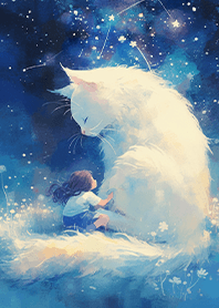 Girl and big white cat under the starsJP