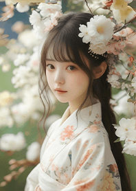 Beauty in kimono-flower viewing girl 1