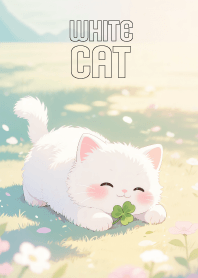 Cute White Cat And Clover Leaf