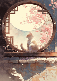 A cat sitting by a round window