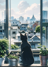 窓際の猫と部屋の鉢植え