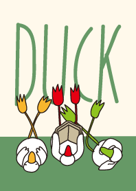 Three ducks with six tulips.