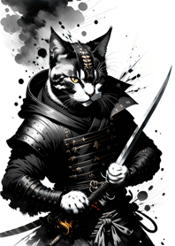 Ink wash cat samurai 4238A7