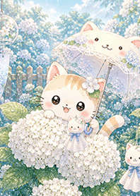 なつねこ散歩　白いあじさい　梅雨