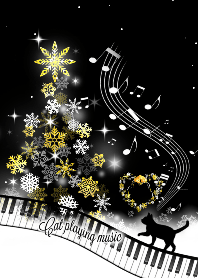 Cat Playing Music Piano X'mas Black Ver.