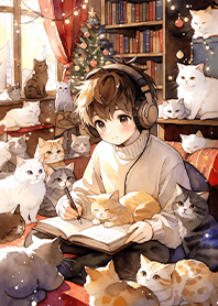 療癒聖誕節-可愛男孩與貓咪們1咖啡色