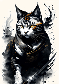 Ink wash cat samurai 7507dD