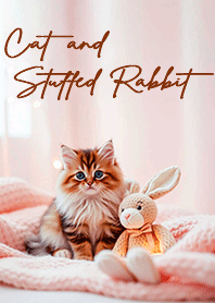 Cat and stuffed rabbit - pink -winter