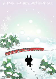 A train and snow and black cat.