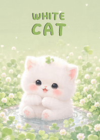 Kawaii White Cat In Green Clover