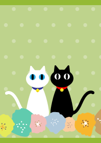 お花と二匹の猫 モスグリーン色