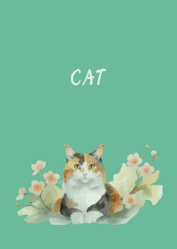 Calico cat on blue green