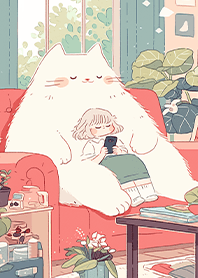 A relaxed cat and girl on a holiday JP