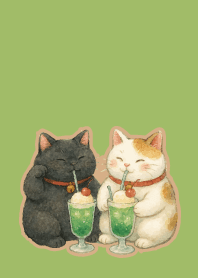 W & B Beckoning Cats on moss green