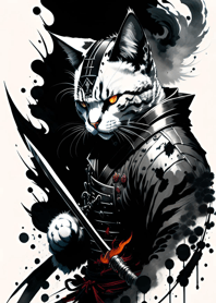 Ink wash cat samurai 55F178