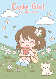 Cute girl & White cat