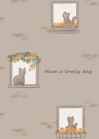 Cat and flower by the window -orange- 2