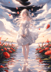 美麗的動漫少女站在水中央