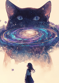 Girl and cat in the universe_Blue