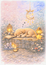 插畫狗狗提燈漸層粉藍