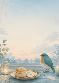Teal Robin Apple Scone Window