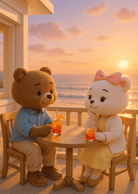 Seaside Sunset Terrace Bear Drink