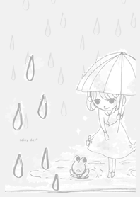 rainy day Frog&umbrella monochrome
