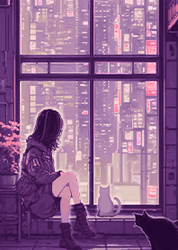 neon city Girl and Cat 7.4