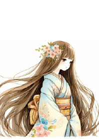 ポニーテールの水彩画の女の子 J5