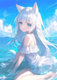 Cute cat girl on the beach 2