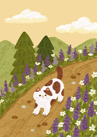 A Cat and Lupine Flowers