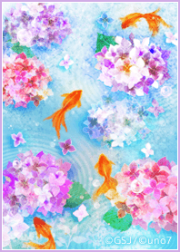 Illustration of hydrangeas and goldfish.