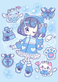 Dreamy light blue girl & angel cat