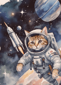 Cat astronaut on red & yellow