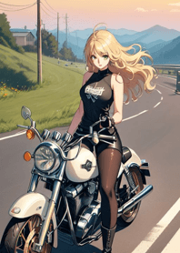 Girl riding a heavy motorcycle byb2I