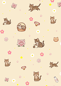 Little Cats & Floral Garden (Brown)