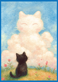 療癒插畫生活-小黑貓與白雲朋友1M 天空藍色