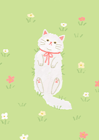 White Cat in Flower Field (Revised)