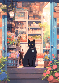 可愛的黑貓坐在花店前