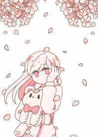 女の子とテディベア【桜】