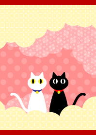 White cat and black cat on red & beige