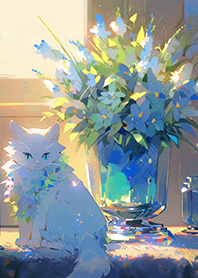 푸른 꽃❤을 가진 우아한 흰 고양이