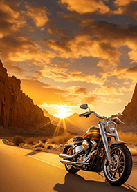 夕陽に染まる砂漠×アメリカンバイク