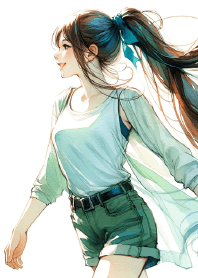 ポニーテールの水彩画の女の子 III