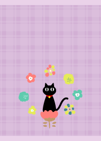 Black cat and flowers light purple