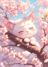 A healing cat on a cherry blossom tree