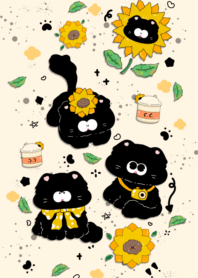 Black cat with sunflowers