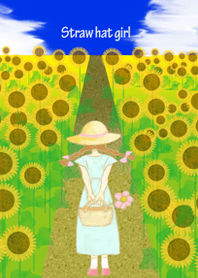 Straw hat girl-Sunflower field-