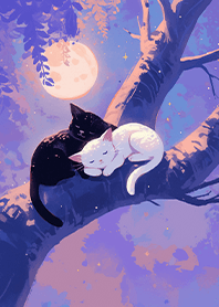 Cat couple sleeping on a purple tree